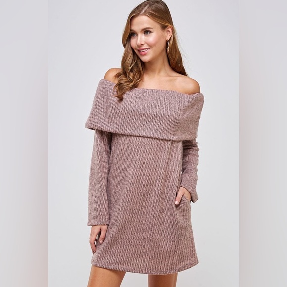 Off the Shoulder Knit Fold Over Sweater Dress with Pockets - Picture 4 of 5